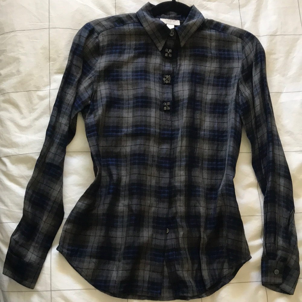 Loft XS dark blue/grey plaid blouse embellished